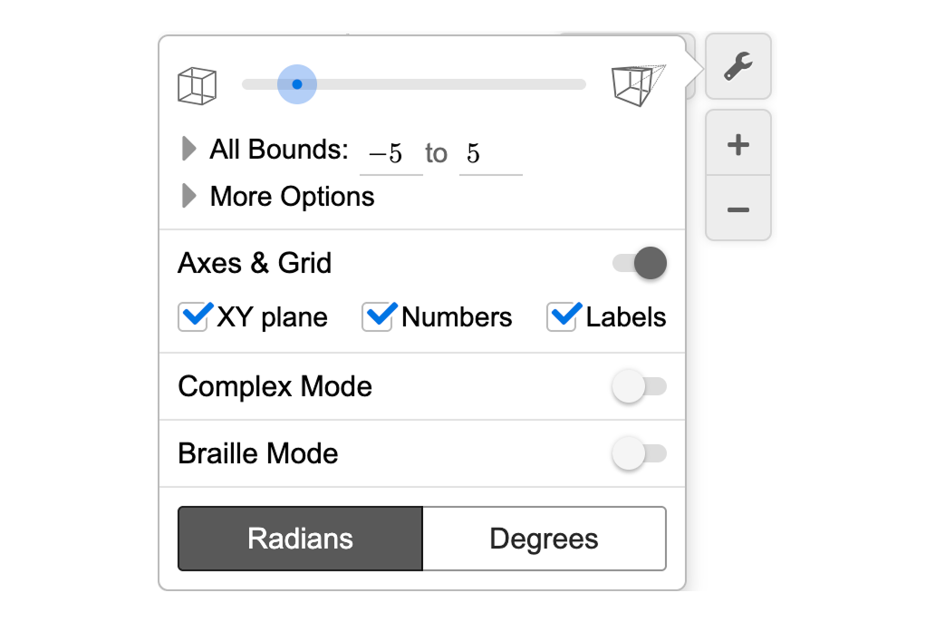3d graph settings menu. Screenshot.