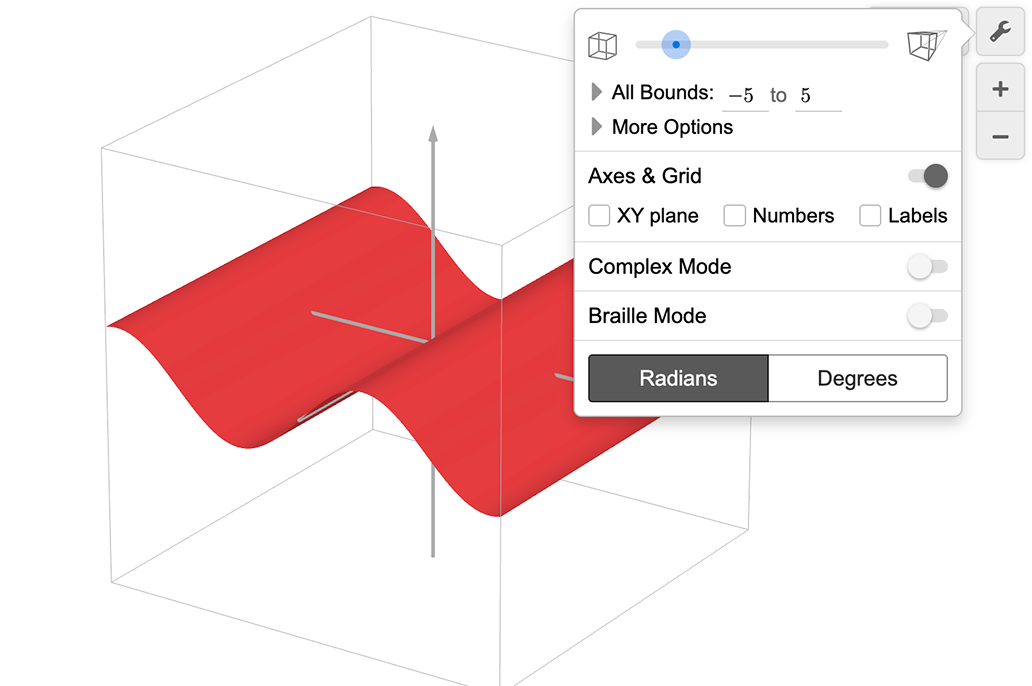 z equals sin of x is graphed in the 3D cube with the Axes and Grid toggle on but XY plane, Numbers, and Labels checked off