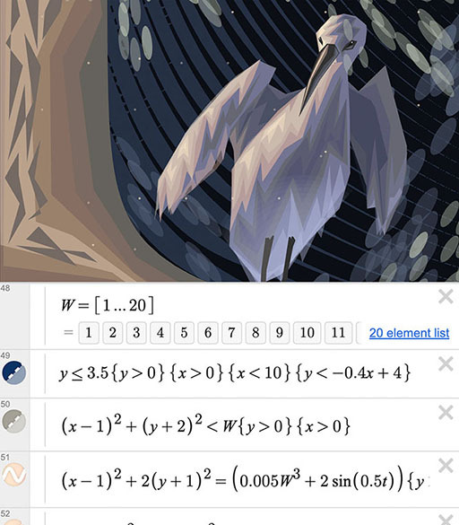 Garza azul, creada en la calculadora gráfica Desmos con ecuaciones matemáticas. Captura de pantalla.