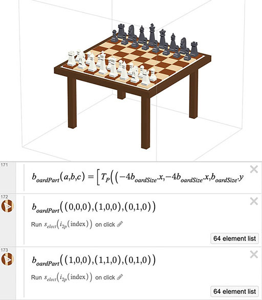 Échiquier créé dans la Calculatrice 3D Desmos à l’aide des actions de la liste d’expressions. Capture d’écran.