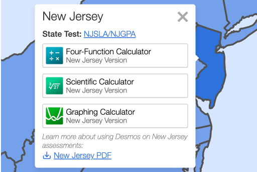 Screenshot of the new state testing map including New Jersey.