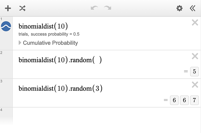 Expression list shows binomial distribution and then the random function influenced by that distribution. Random function outputs one and three values based on given inputs. Screenshot.