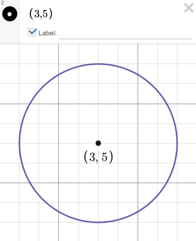 Image of a circle with center labeled (3,5). Screenshot.