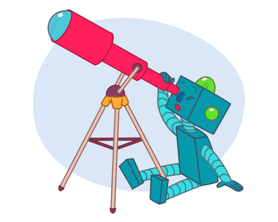 Robot looking through a telescope.