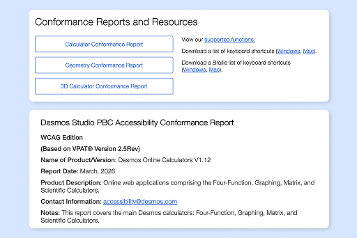image of a Desmos Studio PBS Accessibility Conformance Reports.