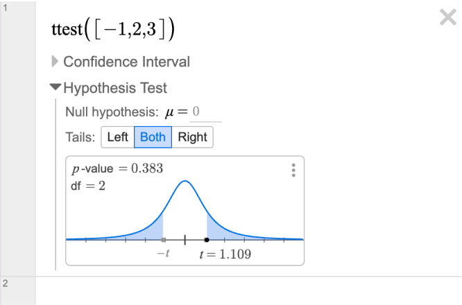Screenshot of a ttest on the list -1, 2, 3. The Hypothesis Test section is open with the both tail chosen by default.