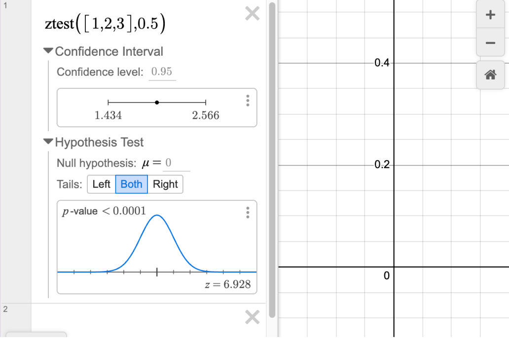 Screenshot of a ztest of 1, 2, 3 with a population standard deviation of 0.5. The Confidence Interval and Hypothesis Test sections are open.