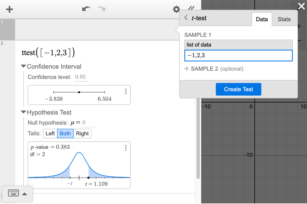 Screenshot of a t-test with list of data -1,2,3. The screenshot shows entering the data in the Inference Menu as well as the results of the entry with Confidence Interval and Hypothesis Test sections open.