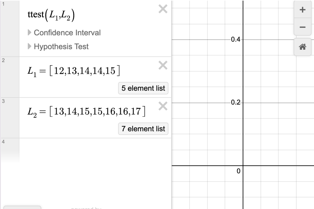 Screenshot showing two lists L1 and L2 defined in the expression list then taking ttest of L1 and L2.
