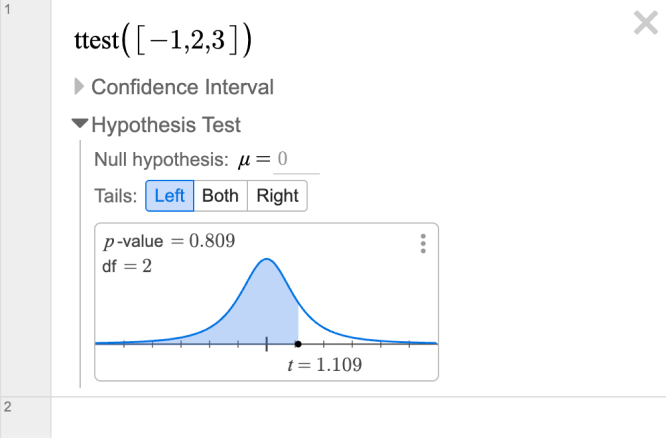 Screenshot of a ttest on the list -1, 2, 3. The Hypothesis Test section is open with the left tail chosen.