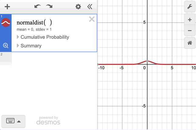 Gif opening the Cumulative Probability Footer for the normal distribution, clicking through the different regions, changing the footer inputs, swapping over to bounds, and changing the input.