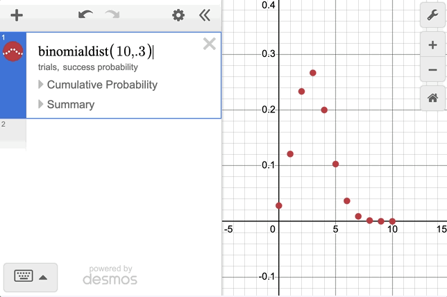 Gif opening the Cumulative Probability Footer for the binomial distribution, clicking through the different regions, and opening the summary tab.