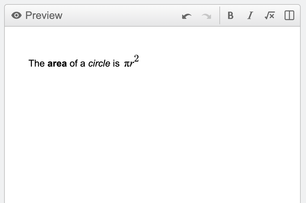Screenshot of a text item on a page showing the sentence “The area of a circle is pi*r^2” with “area” in bold and “circle” in italics.
