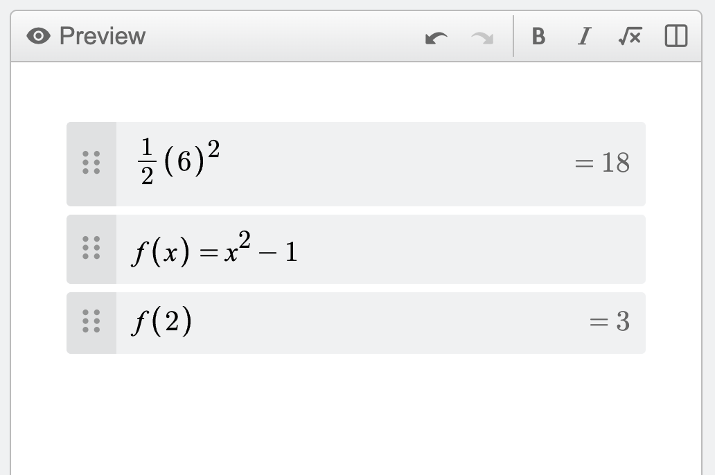 Screenshot of three expression lines showing (1/2)(6)^2 evaluated to 18, f(x)=x^2-1, and f(2) evaluated to 3.