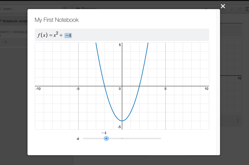 Screenshot of a shared notebook preview titled “My First Notebook” showing an expression line, slider, and graph.