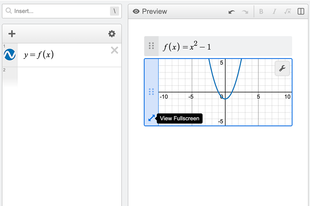 Screenshot of f(x)=x^2-1 in an expression line and y=f(x) plotted in a graph item with its expression list open in the notebook sidebar and “View Fullscreen” tooltip visible on the expand icon.