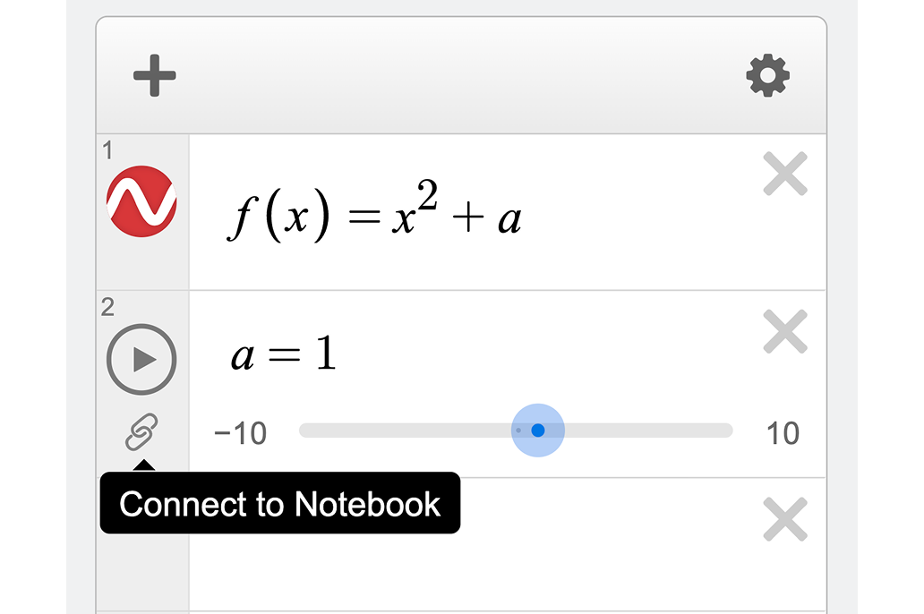 Screenshot of a graph item’s expression list in the notebook sidebar showing f(x)=x^2+a and a slider for variable a set to 2.5 with a “Connect to Notebook” tooltip visible on the link icon.