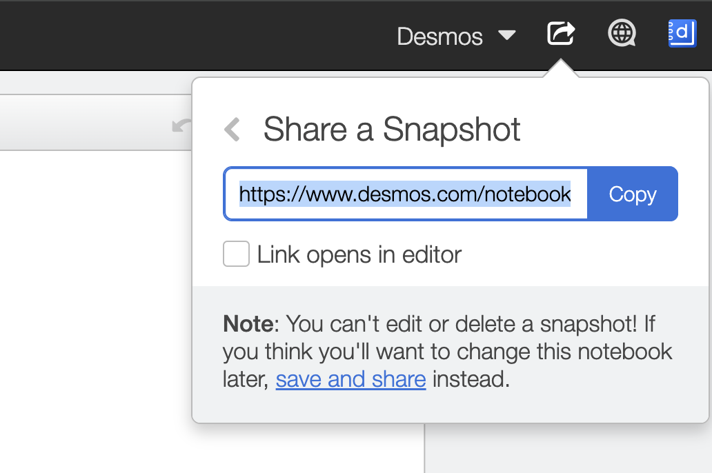 Screenshot of the “Share Your Saved Notebook” pop up showing a shareable link with an unchecked “Link opens in editor” checkbox, and a note that only you can edit the notebook but others can see your updates.