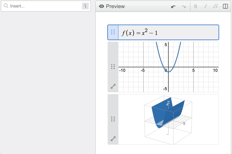 Animation of the editor showing three items (an expression line, a graph, and a 3D graph) being rearranged by inserting a column then dragging a graph using its handle.
