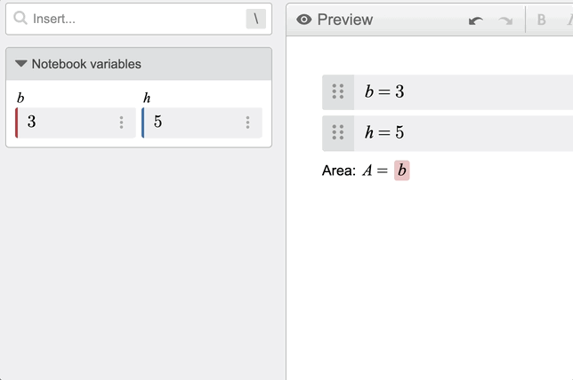 Animation of the editor showing two expression lines (b=3 and h=5) and a text item showing “Area: A=bh” with tokens for b and h and the token menu displaying options for Variable or value and “Go to Definition” button.

