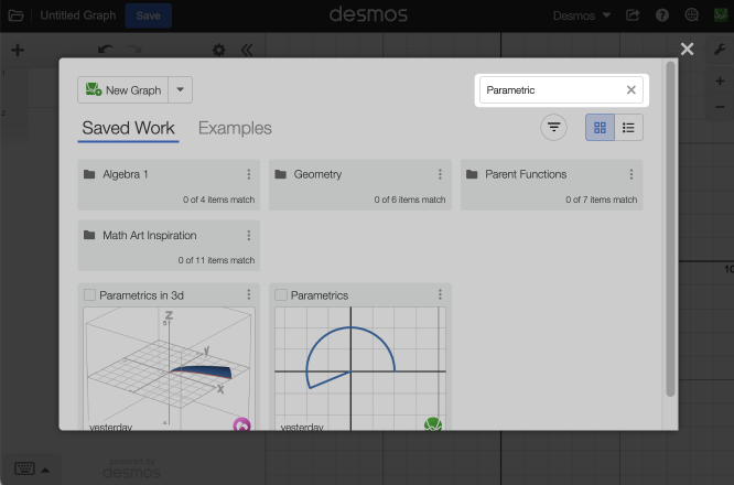 Search option filtering the saved work. Screenshot. 