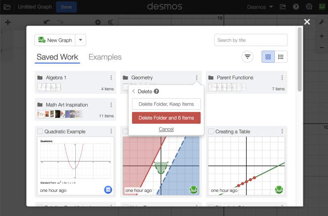 Delete Folder option: which removes the folder and moves any graphs or notebooks back to your saved work view, or Delete Folder and Items, which deletes both the folder and its contents. Screenshot.