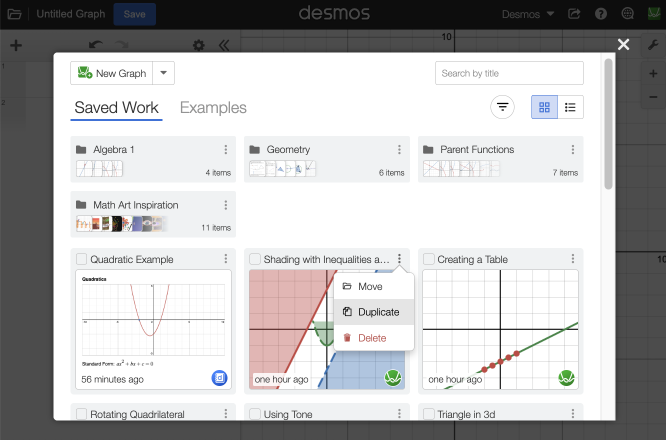 More options menu selected for a graph or notebook to show the option to duplicate a graph or notebook. Screenshot.