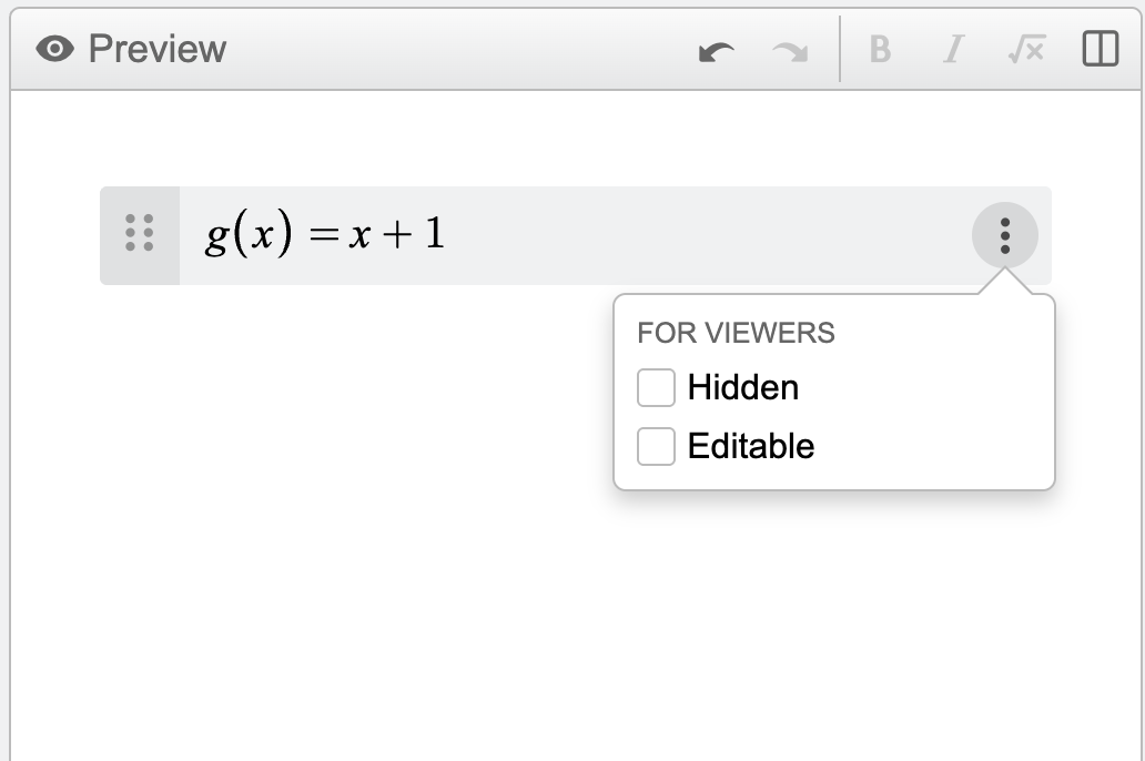 Screenshot of an expression line with an options menu showing Hidden or Editable checkboxes for the expression.