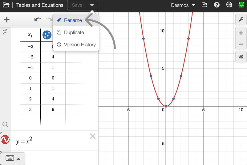 Image showing dropdown option on the save button to either rename or duplicate the graph. 