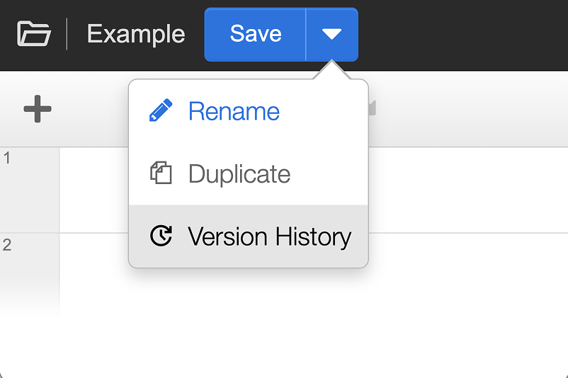Save work dropdown menu with version history selected. Screenshot.