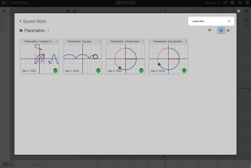 Search option filtering the saved work. Screenshot. 