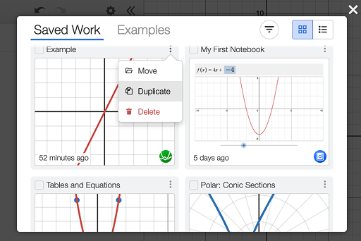 More options menu selected for a graph or notebook to show the option to duplicate a graph or notebook. Screenshot.