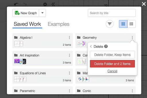 Delete Folder option: which removes the folder and moves any graphs or notebooks back to your saved work view, or Delete Folder and Items, which deletes both the folder and its contents. Screenshot.