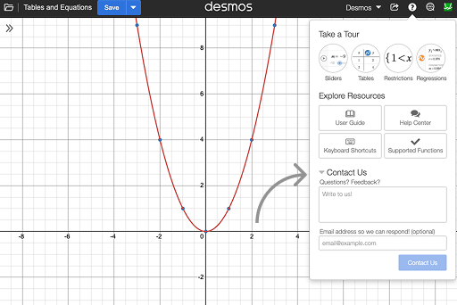 Help menu open, showing the link to email Desmos Support. Screenshot.