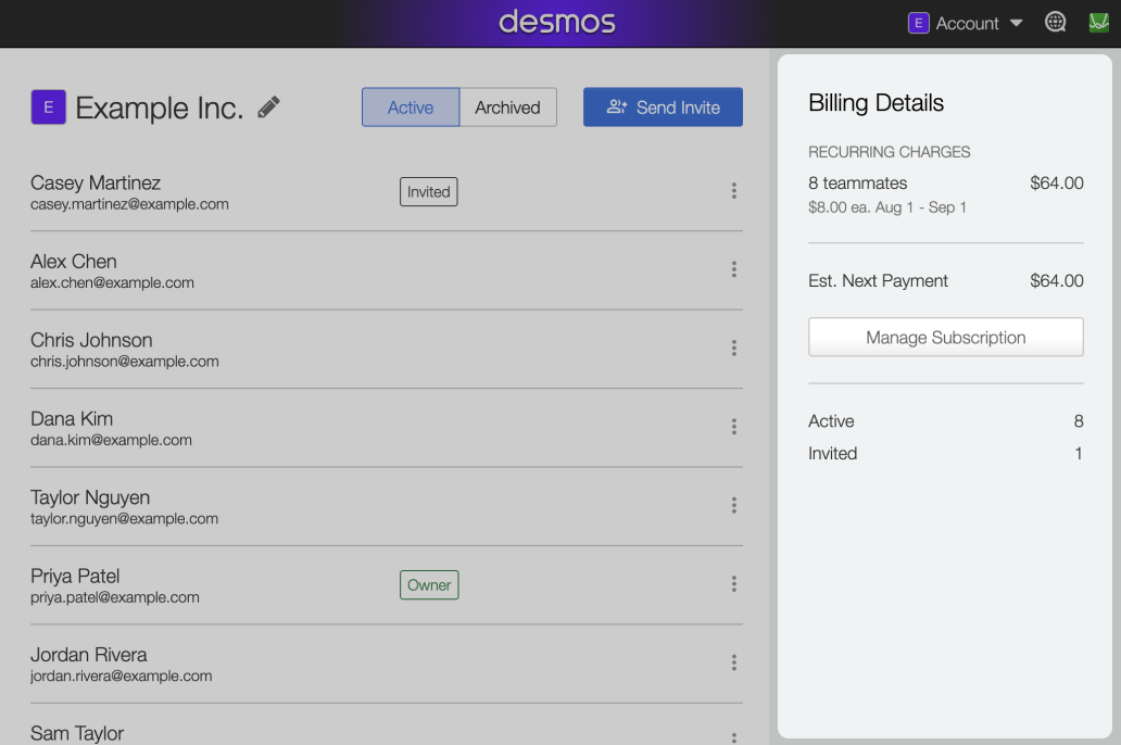 Screenshot of team dashboard highlighting the Billing Details side panel.