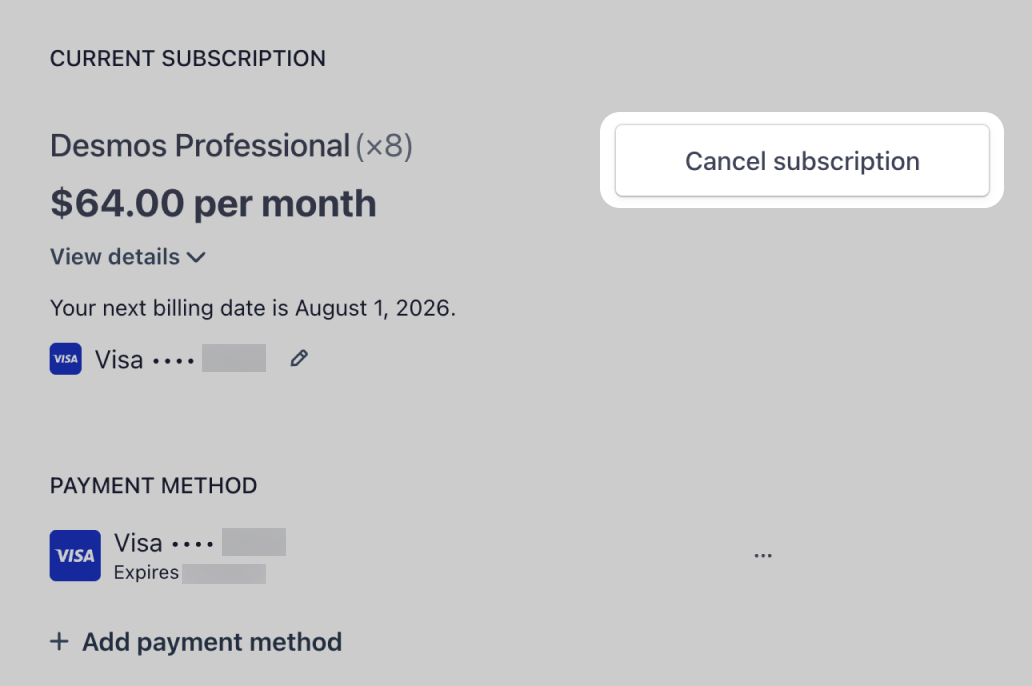Screenshot of current subscription details highlighting a “Cancel Subscription” button.