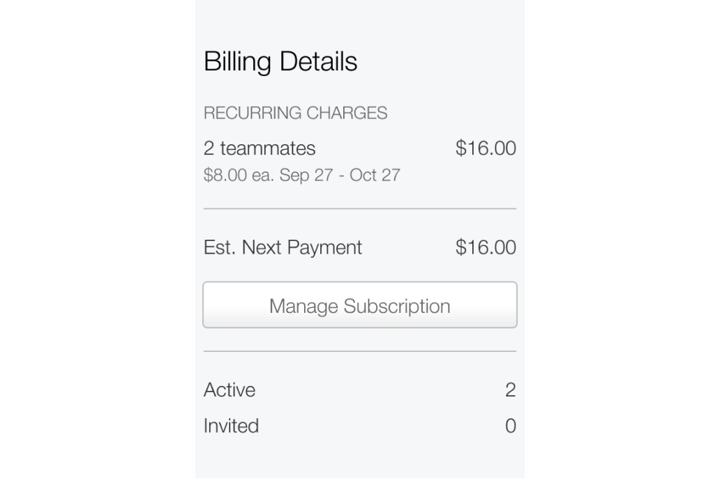 Screenshot of Billing Details showing recurring charges for two teammates with an estimated payment of $16, a “Manage Subscription” button, and teammate counts.