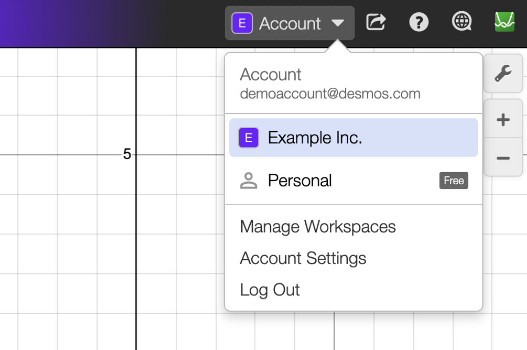 Screenshot from the Graphing Calculator showing the Account dropdown open, listing the user's workspaces and account options.