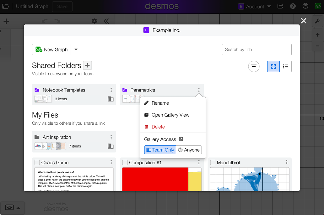 Screenshot from the saved graphs modal showing a Shared Folder's options menu: Rename, Open Gallery View, Delete, with Gallery Access toggled to Team Only.
