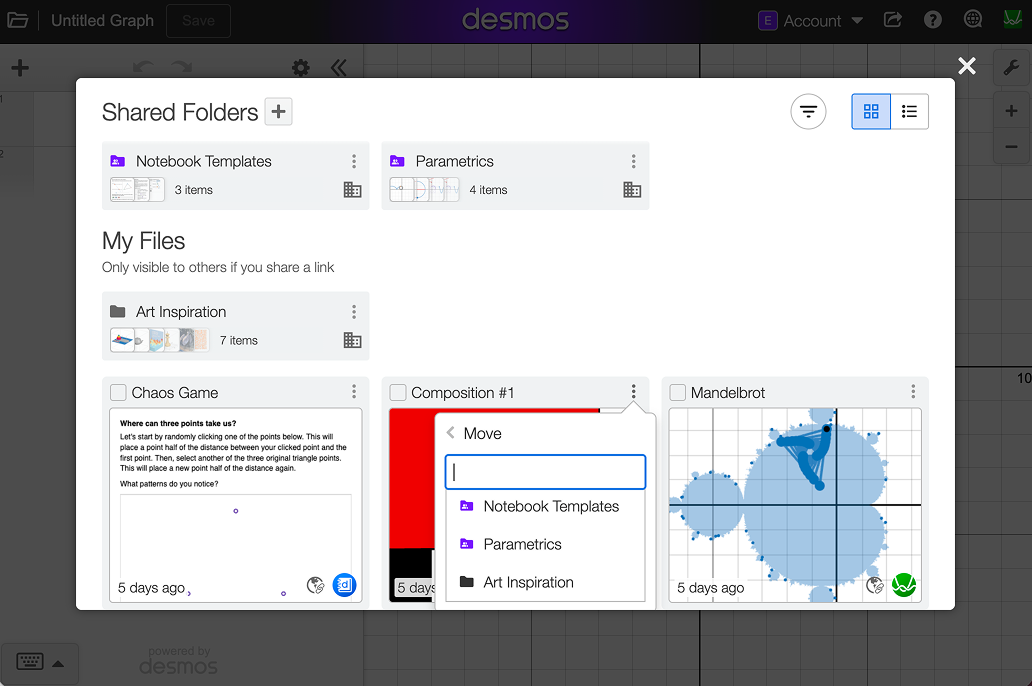 Screenshot from the saved graphs modal in a personal workspace, showing a saved graph's options menu open to 'Move,' with a list of folder locations to move it to.