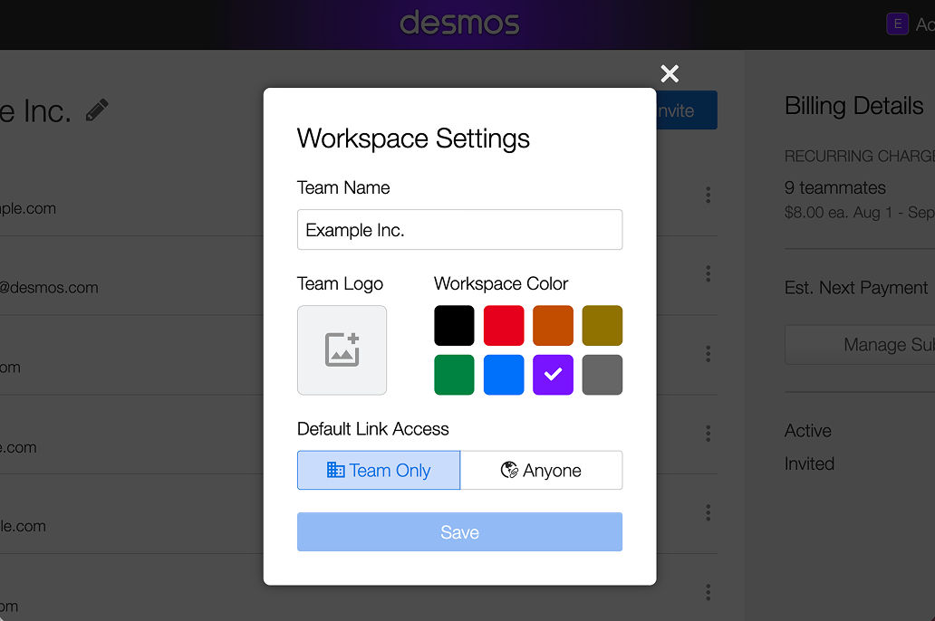 Screenshot of the Workplace Settings pop-up showing the team name, team logo, workspace color, and default link access (Team Only or Anyone).