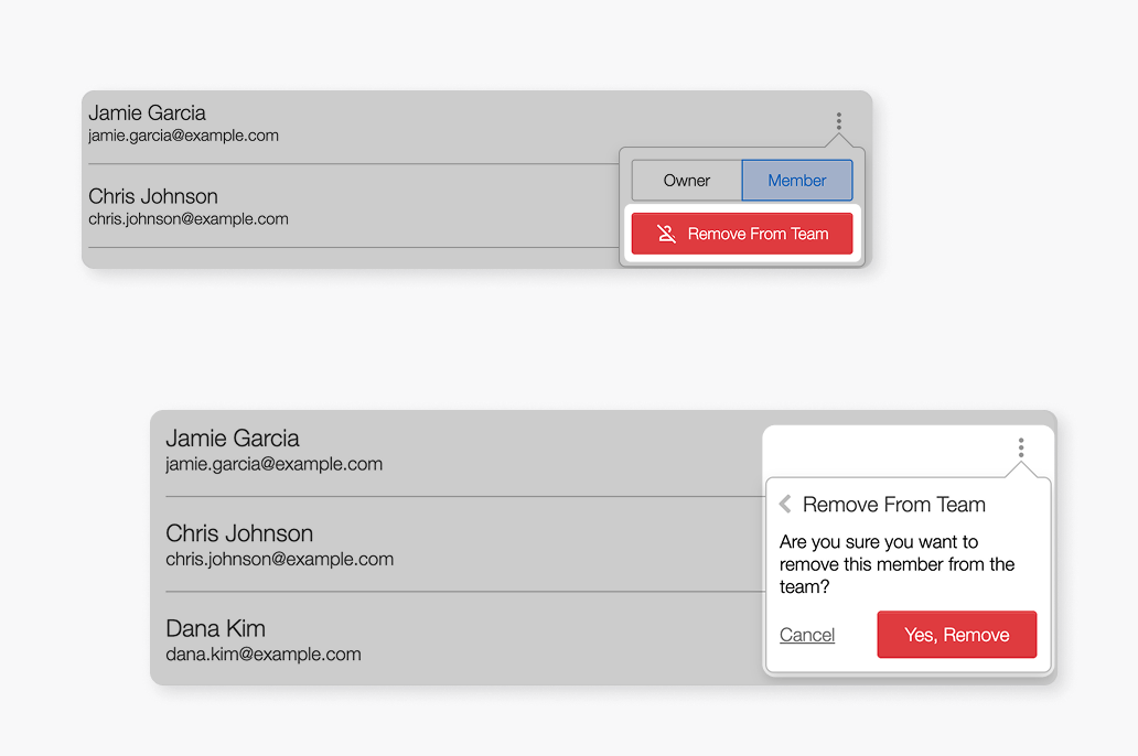 Two screenshots showing the sequence for removing a team member: menu option to remove and a confirmation step.