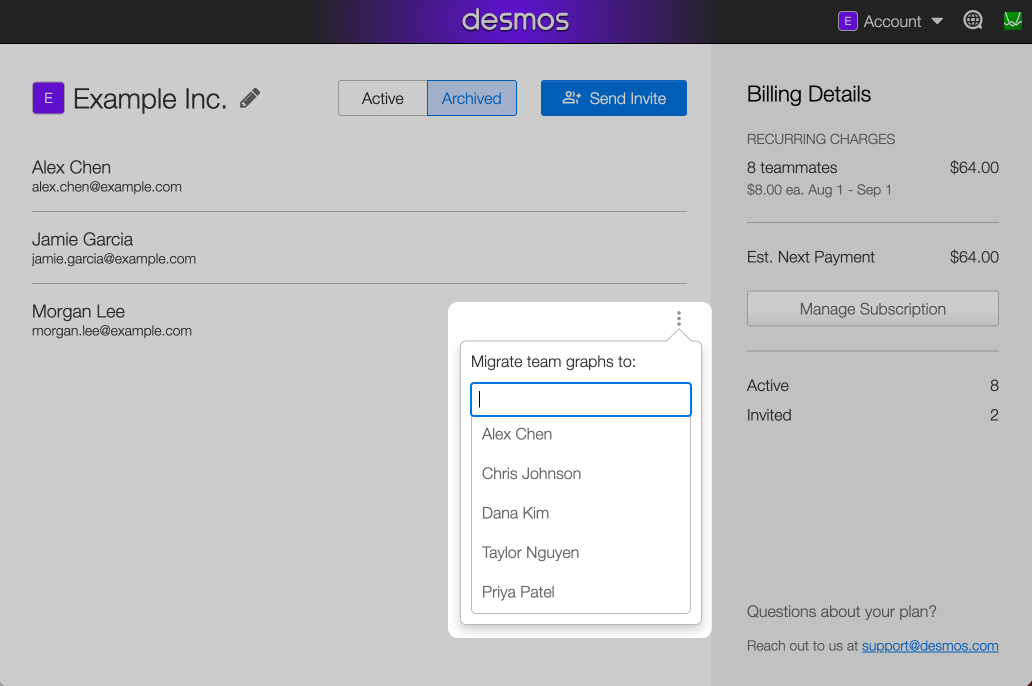 Screenshot of the team dashboard toggled to the Archived tab, with the More Options menu displaying “Migrate team graphs to:” along with a search field or list of active teammates.