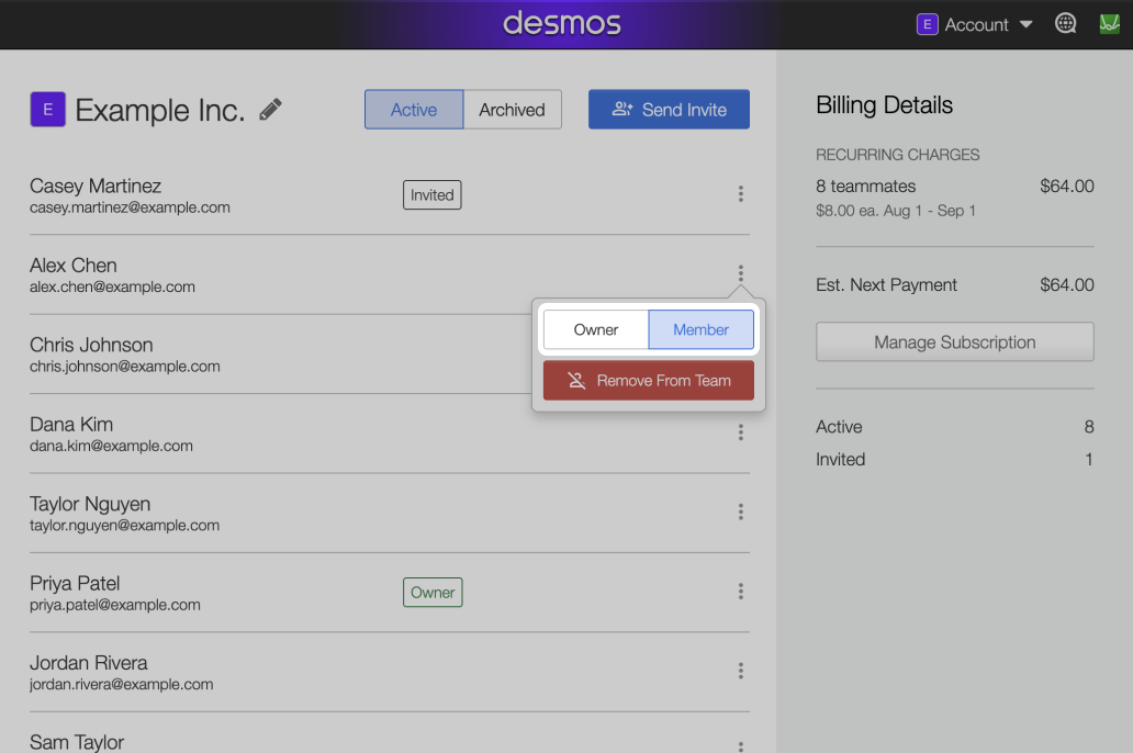 Screenshot of the team dashboard with the More Options menu open for a teammate who has accepted their invite, highlighting “Owner” and “Member” role options above the “Remove from Team” button.