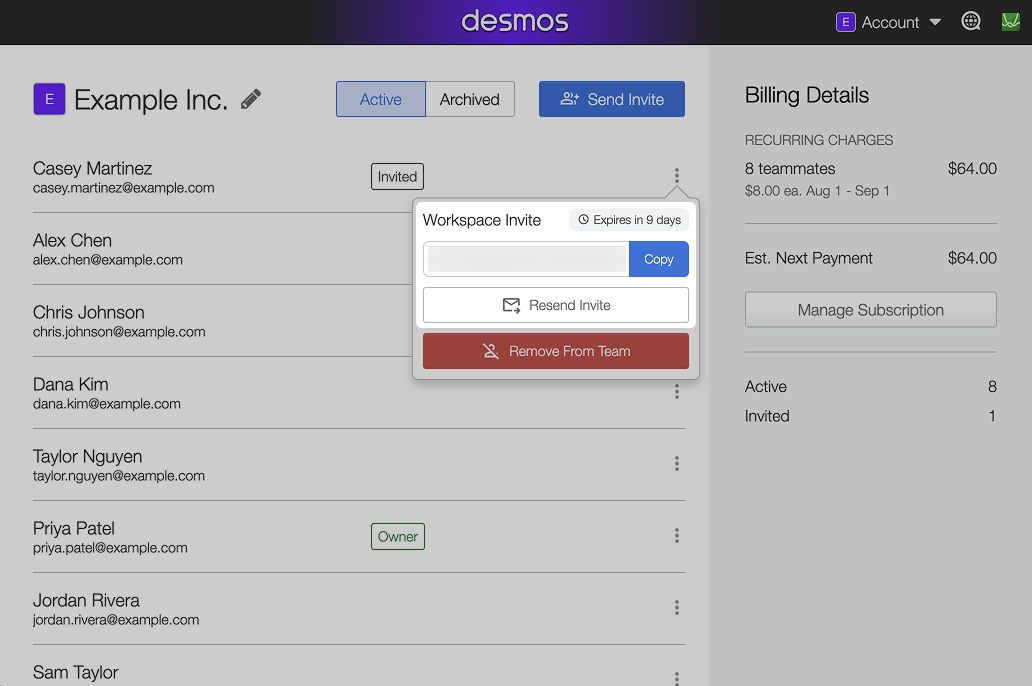 Screenshot of the team dashboard with the More Options menu open for a teammate who hasn’t accepted their invite, highlighting the number of days before the invite expires, an invite link with a “Copy” button, and a “Resend invite” button.
