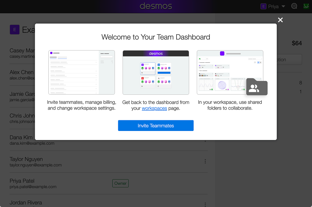 Screenshot of Welcome to Your Team Dashboard pop-up showing Professional features and an Invite Teammates button.