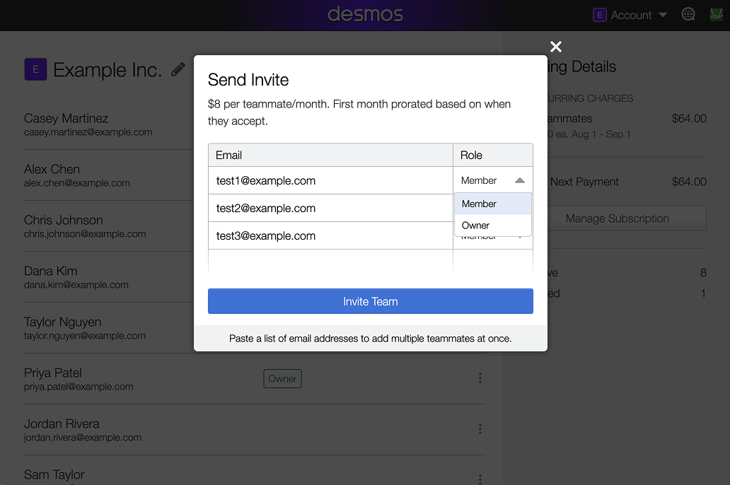 Screenshot of Send Invite pop-up with example emails and the Role menu open displaying “Member” and “Owner” options.