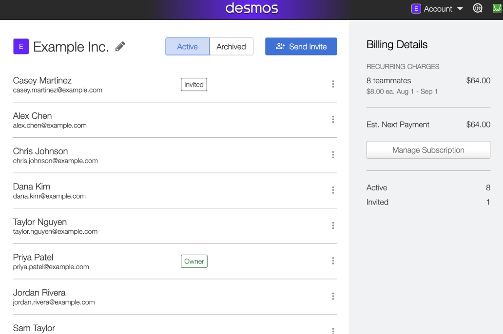 Screenshot of the team dashboard showing a list of teammates. One teammate is tagged as “Owner” and another is tagged as “Invited”. 