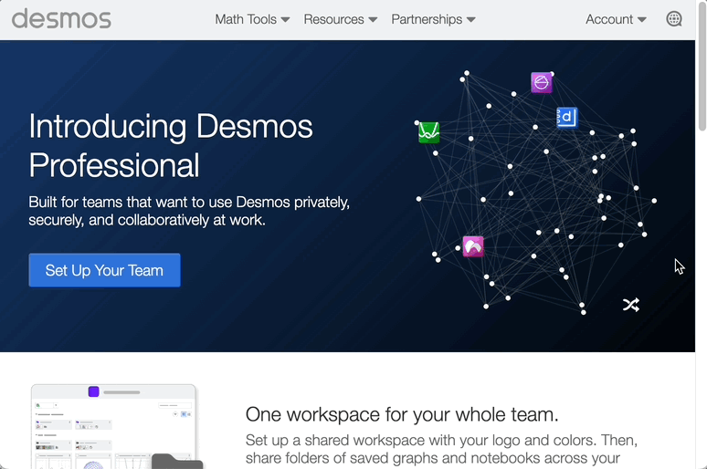 Animation of creating a Professional team from the Desmos Professional page.
