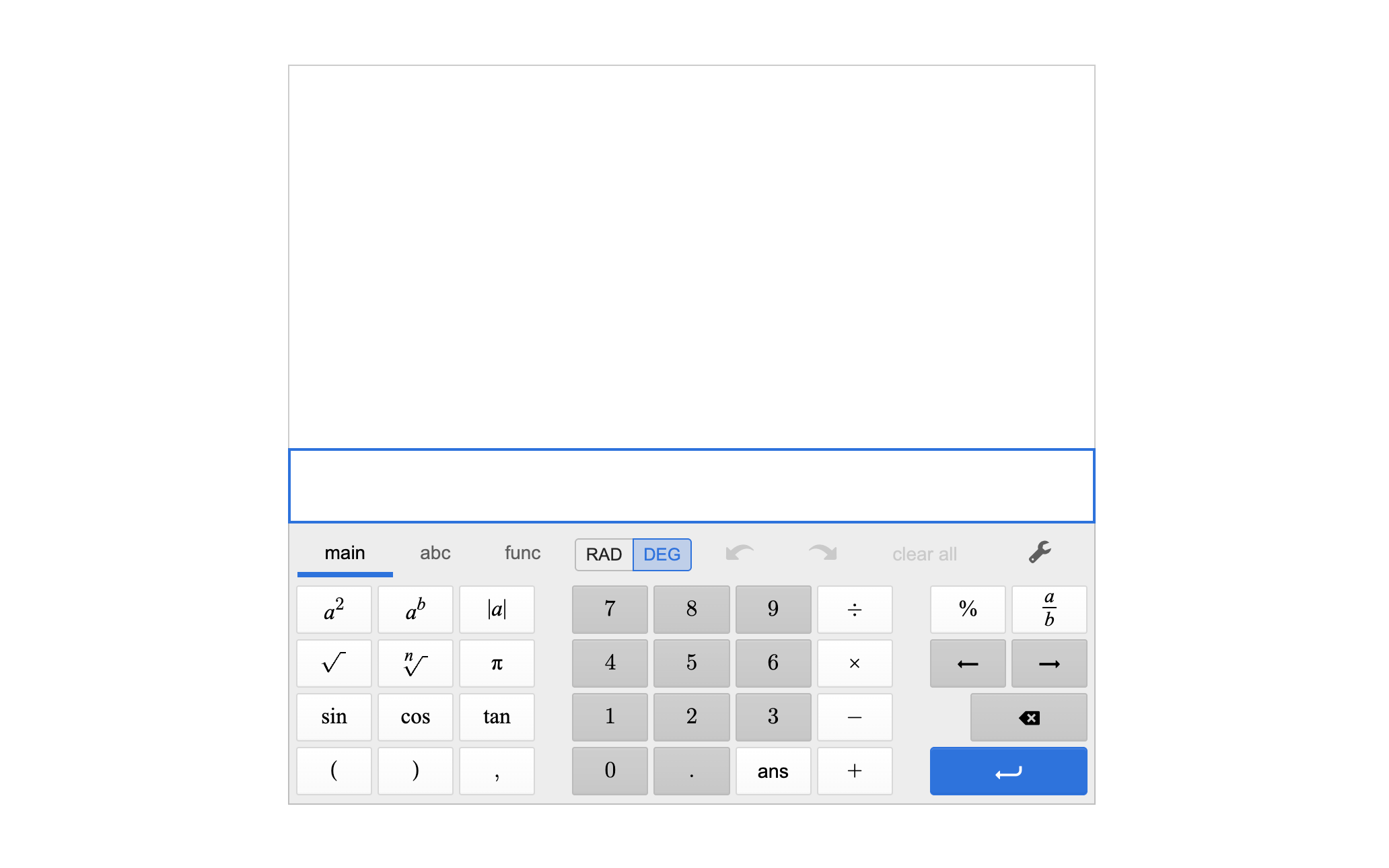 Scientific Calculator showing the keyboard with trigonometric, exponential, and other math function buttons below an empty expression input field. Screenshot.